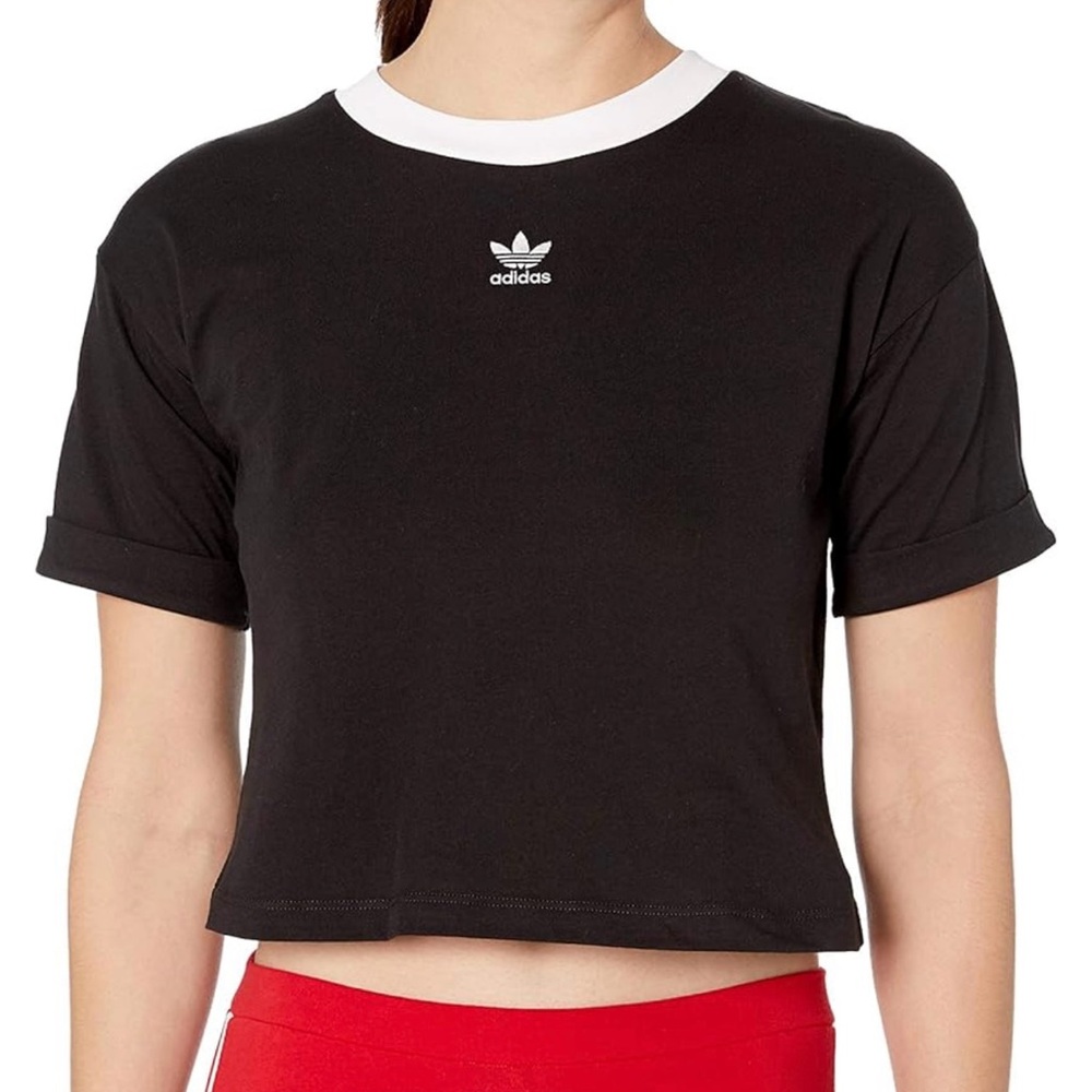 Adidas Women's Black & White Logo Crewneck Short Rolled Sleeves Crop Top Size XS